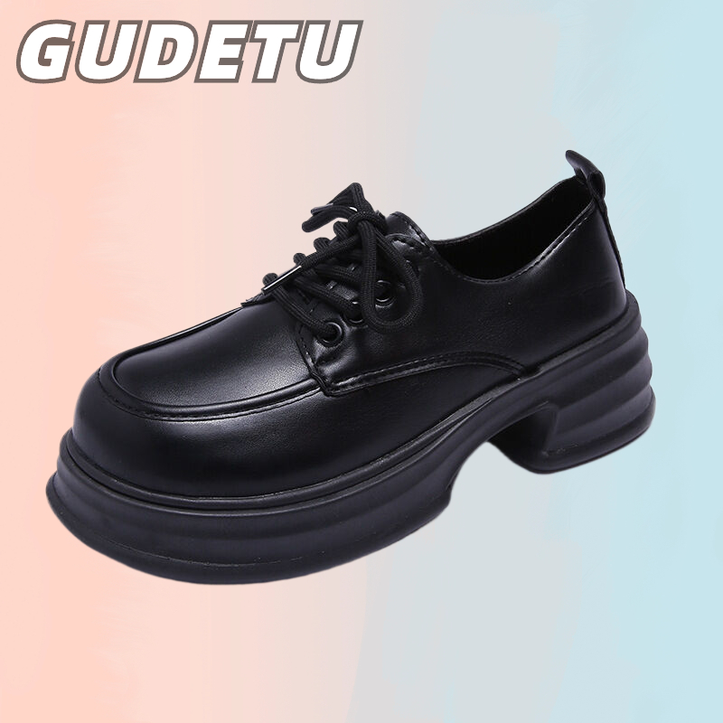 GUDETU รองเท้าหนังผู้หญิง ใหม่แฟชั่นเกาหลีรองเท้าหนังขนาดเล็กสไตล์อังกฤษอเนกประสงค์ แบนฟอร์ม แพลตฟอร์มลูกไม้ขึ้นรองเท้