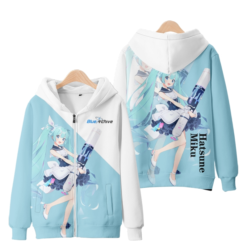 เกมใหม่เกาหลี Anime Blue Archive Hatsune Miku/Shokuhou Misaki Zipper Hoodie แฟชั่นผู้ชายผู้หญิงหลวม 
