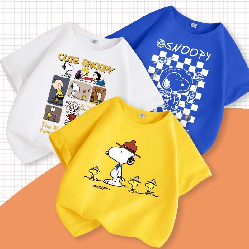 [110ซม.-160ซม. ] เสื้อผ้าแฟชั่นเด็ก เสื้อยืดเด็ก เสื้อยืดเด็ก แขนสั้น เสื้อผ้าฝ้าย Snoopy พิมพ์เสื้อกีฬา
