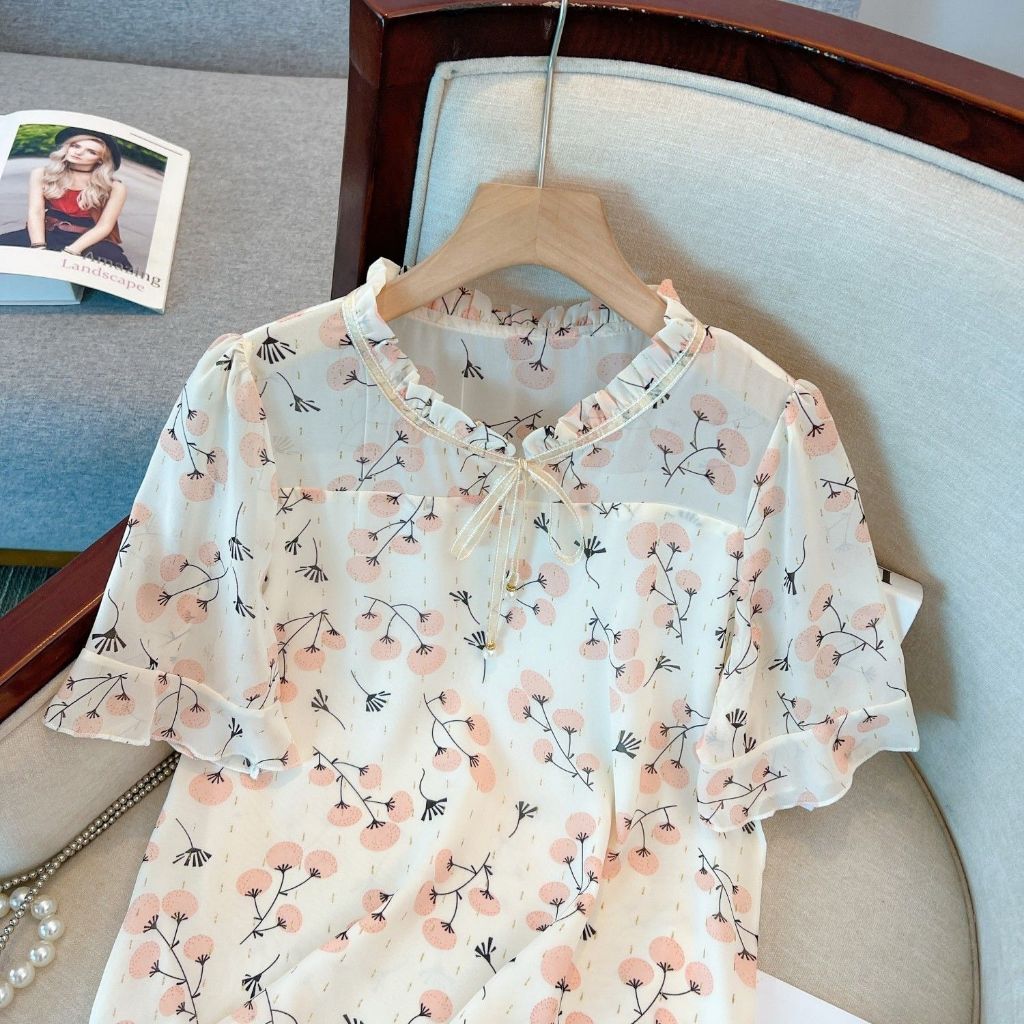 เสื้อเชิ้ตแขนสั้น ผ้าชีฟอง เอวยางยืด พิมพ์ลายดอกไม้ แฟชั่นใหม่ สําหรับผู้หญิง