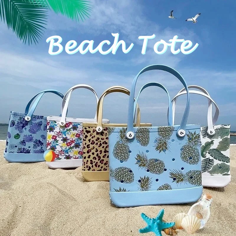 Qklmdt BOGG BAG Dongdong Pineapple Leaf Print Patternลายใบสับปะรดใหม่ ล้างทําความสะอาดได้ สิริ กระเป๋าแฟชั่นที่มีรูกระเป๋าเดินทางกันน้ํากระเป๋าชายหาดฤดูร้อนหส