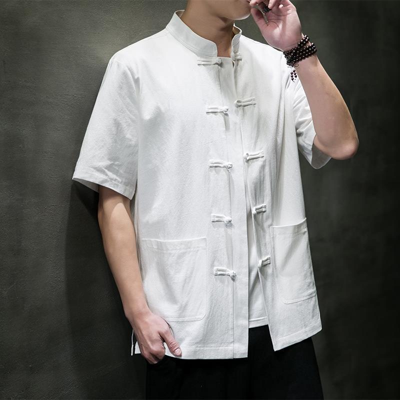 เสื้อเชิ้ตแขนสั้นลําลอง คอปกตั้ง ขนาดใหญ่ สีพื้น สไตล์จีน สําหรับผู้ชาย