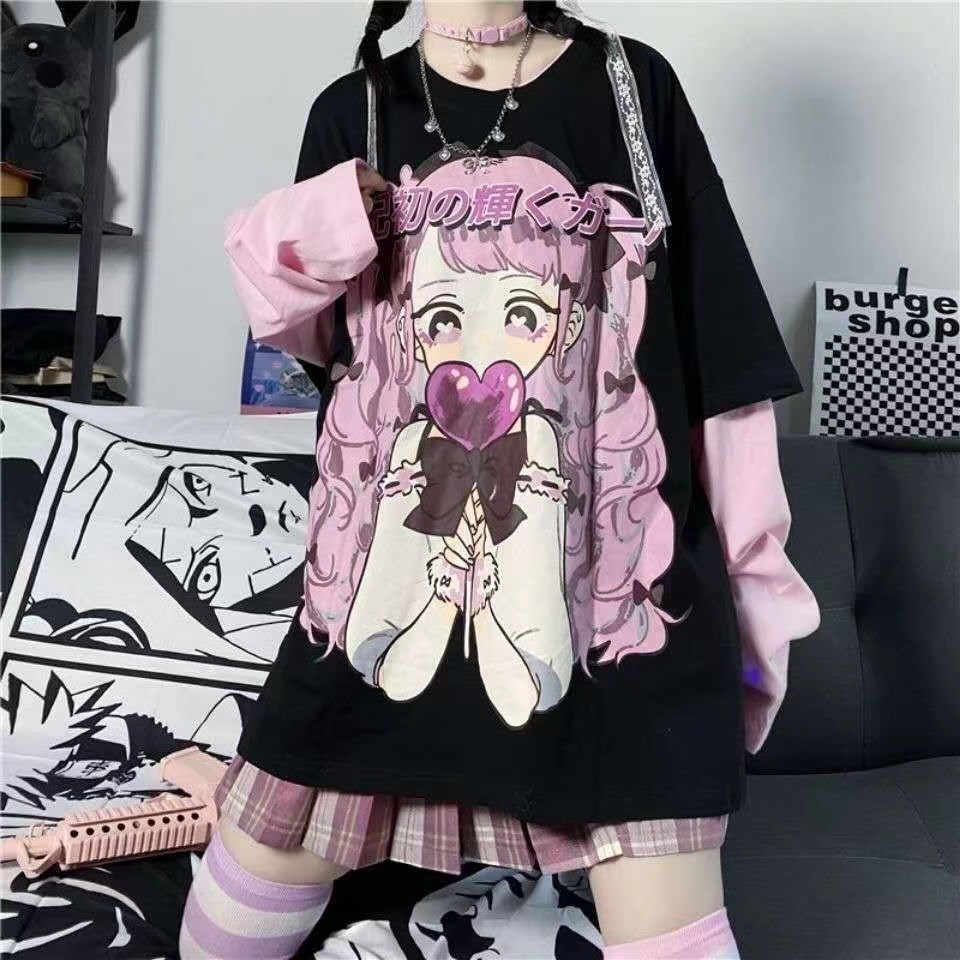 ญี่ปุ่นน่ารักด้านบนสาวพิมพ์การ์ตูนใหม่หลวมเกาหลีปลอมสองชิ้นแขนยาวเสื้อยืด แลนด์มีน สไตล์ จิไร ที่ไหน