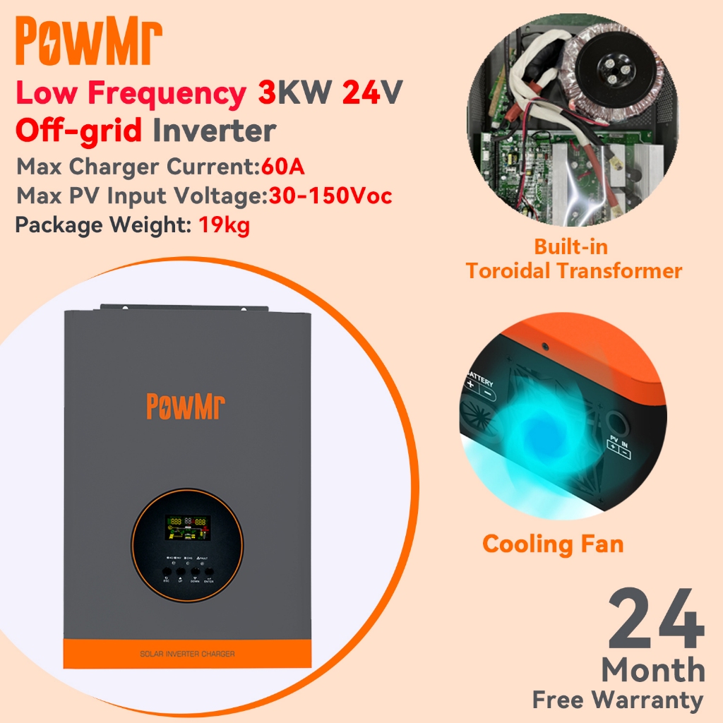 ความถี่ต่ําPowMr 3kw Hybrid Solar Inverter Off Grid 230Vac PV แรงดันไฟฟ้า 30-150Voc ในตัว 60A MPPT Solar Charge Controller 50/60Hz Auto Pure Sine Waveอินเวอร์เตอร์