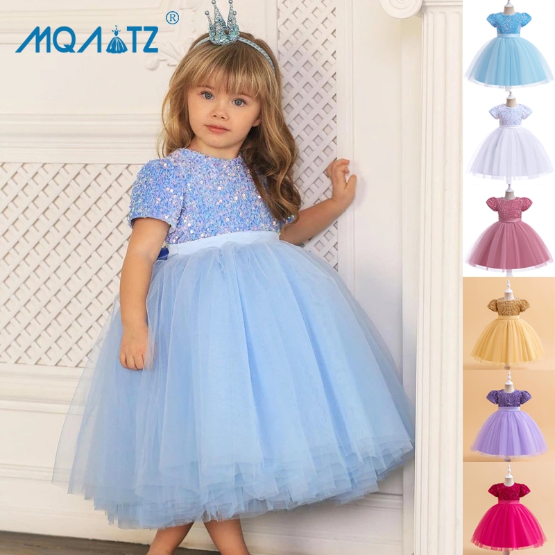Mqatz เลื่อมเด็กพรรคชุดสําหรับสาวเด็กเครื่องแต่งกายวันเกิดเด็กสาวชุดแต่งงานชุดเจ้าหญิงแขนสั้น2-10ปี ล L5316