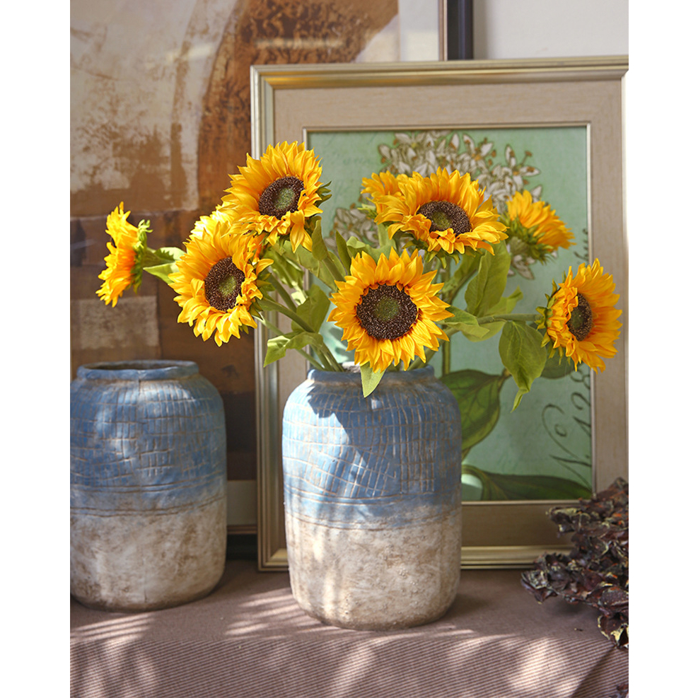 ดอกทานตะวันดอกไม้ปลอมดอกไม้ประดิษฐ์ตกแต่งห้องนั่งเล่นโต๊ะรับประทานอาหารเครื่องประดับดอกไม้ตกแต่งบ้านช่อดอกไม้ดอกไม้ผ้าไหมอภิบาล