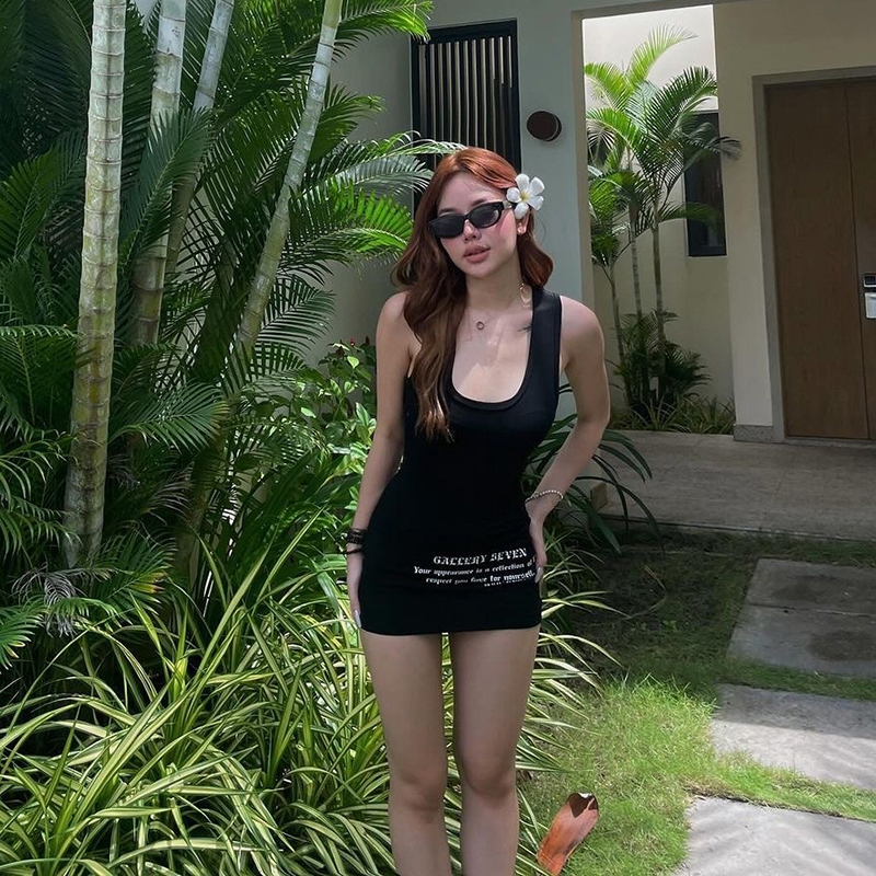แปลก Puss Casual Mini Dresses Sling U Collar Off Sleeves Skinny อเนกประสงค์ฤดูร้อน Street บรรยากาศสไตล์แฟชั่น Advanced Sense 2024 ร้อนใหม่