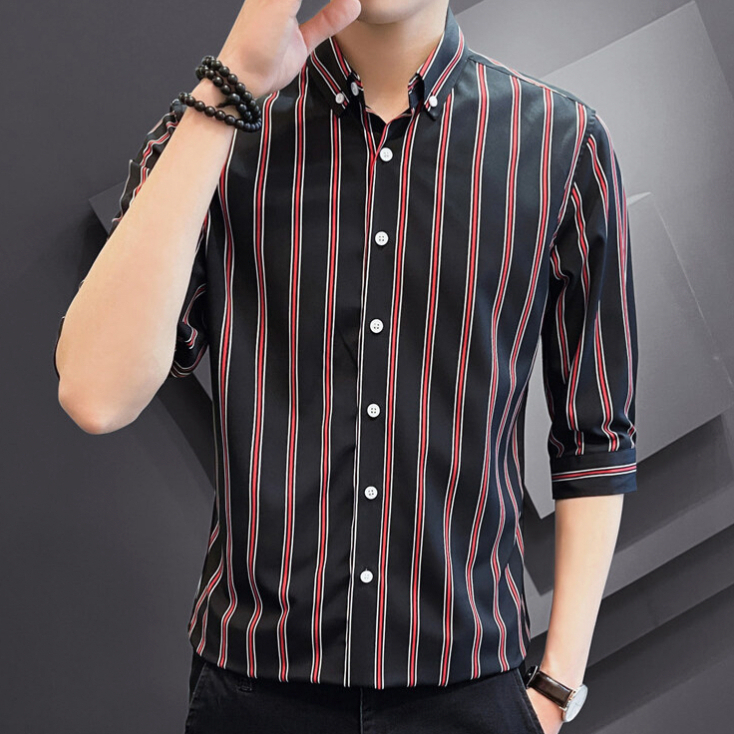 ใหม่สํานักงานลายเสื้อ3/4แขนสลิมฟิตตรวจสอบเสื้อลําลองธุรกิจ ม-5เอ็กแอล