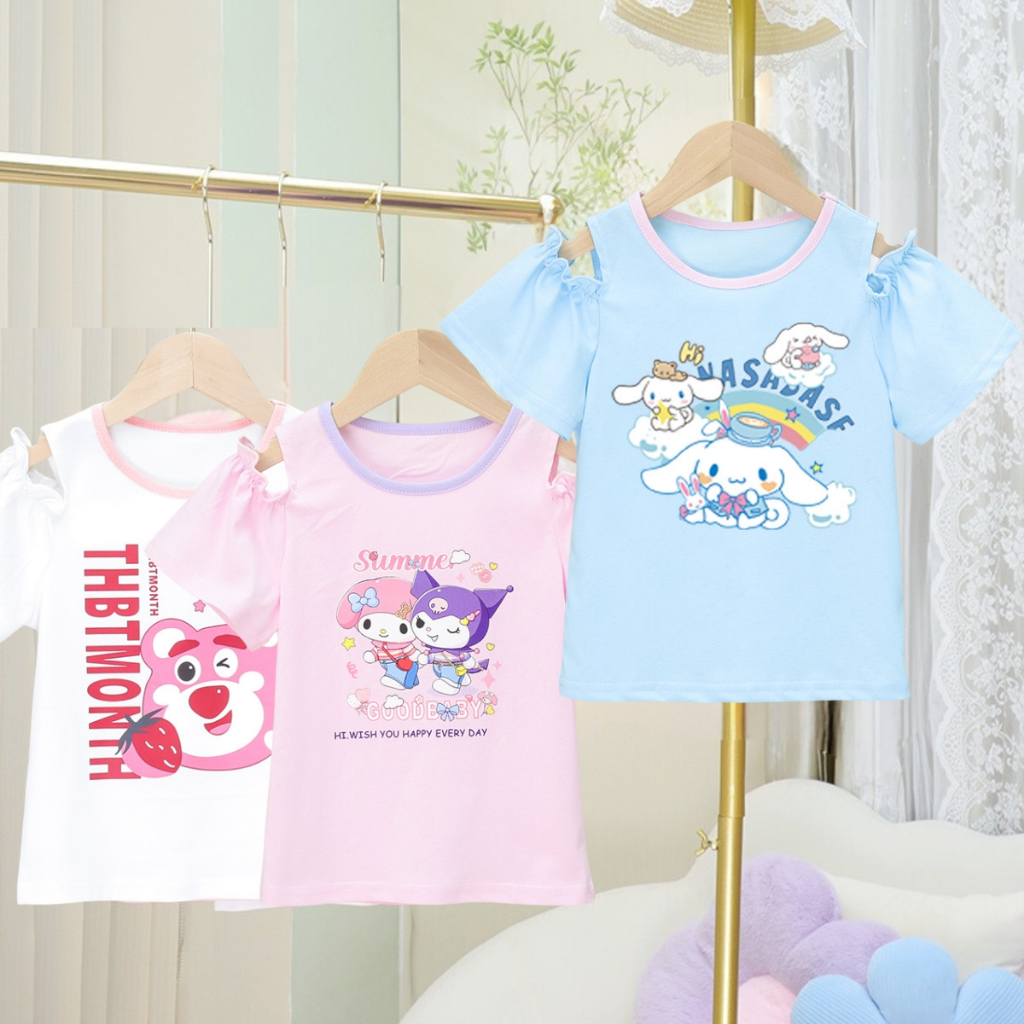 ใหม่ เสื้อยืด ผ้าฝ้ายแท้ เปิดไหล่ ลายการ์ตูนน่ารัก สไตล์เกาหลี สําหรับเด็กผู้หญิง