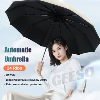 GEESO เลือกได้ 7 สี Automatic ร่ม 24 Ribs UPF50+ 23นิ้ว ร่มพับลม เส้นผ่าศูนย์กลาง 105ซม