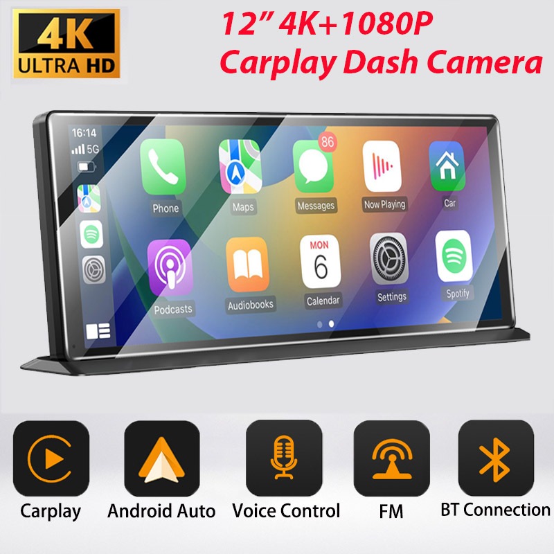 ESSGOO Ultra HD กล้องติดรถยนต์ 4K+1080P 12นิ้วหน้าจอสัมผัสเลนส์คู่รถ DVR Dash Cam WIFI บลูทู ธ เสียงควบคุมฟังก์ชั่น carplay