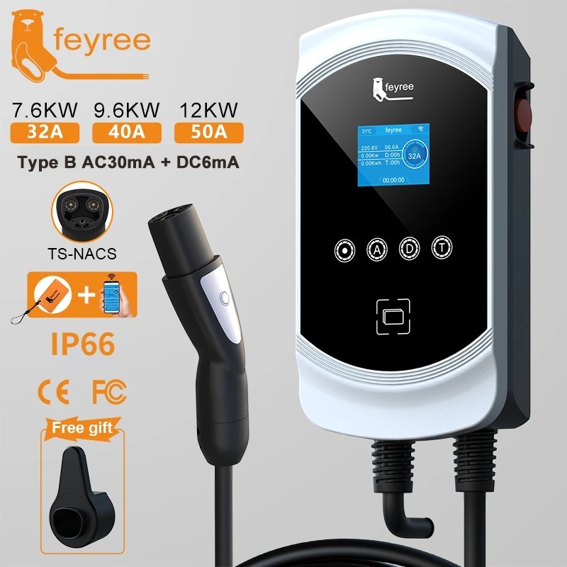 Feyree EV สถานีชาร์จ 32A 7.6KW ไฟฟ้ารถชาร์จ EVSE Wallbox 9.6KW 12KW 5 M สาย Tesla NACS ซ็อกเก็ต APP 