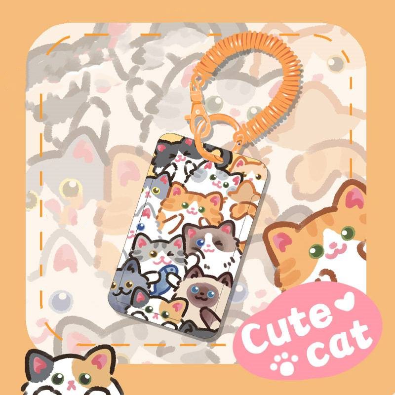 เคสพวงกุญแจ เชือกยืดหยุ่น ลายแมวน่ารัก สีส้ม สําหรับใส่บัตรอาหารนักเรียน