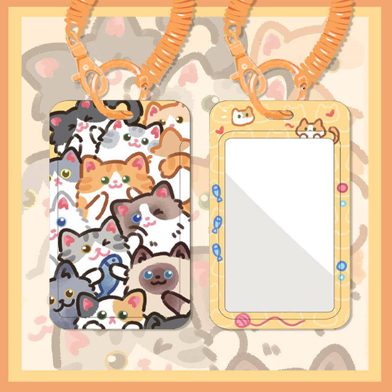 เคสพวงกุญแจ เชือกยืดหยุ่น ลายแมวน่ารัก สีส้ม สําหรับใส่บัตรอาหารนักเรียน