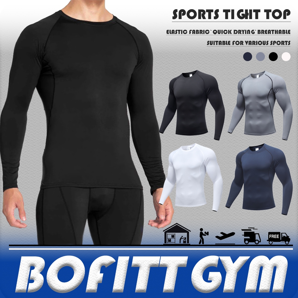 BOFITTGYM ผู้ผู้ชายผอมแขนยาวด้านบน แห้งพอดีเสื้อออกกำลังกาย กีฬาดูดความชื้นเสื้อยืด