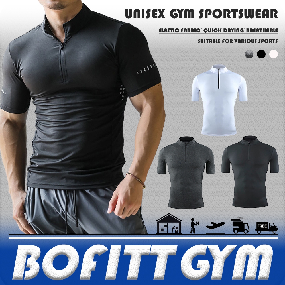 BOFITTGYM Unisex ฟิตเนสแขนสั้น เสื้อสเวตเตอร์สลิม เสื้อถักคอปกดูดความชื้น