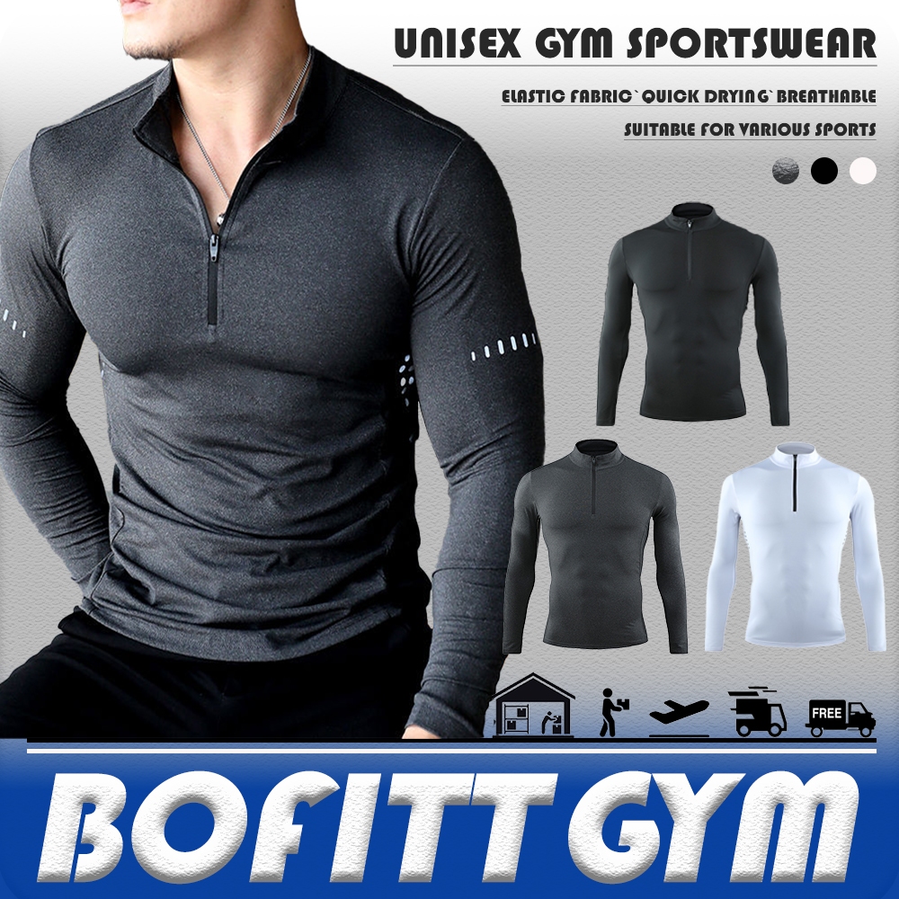 BOFITTGYM Unisex ฟิตเนสแขนยาว เสื้อออกกำลังกายแห้ง กีฬาดูดความชื้นปกเสื้อถัก