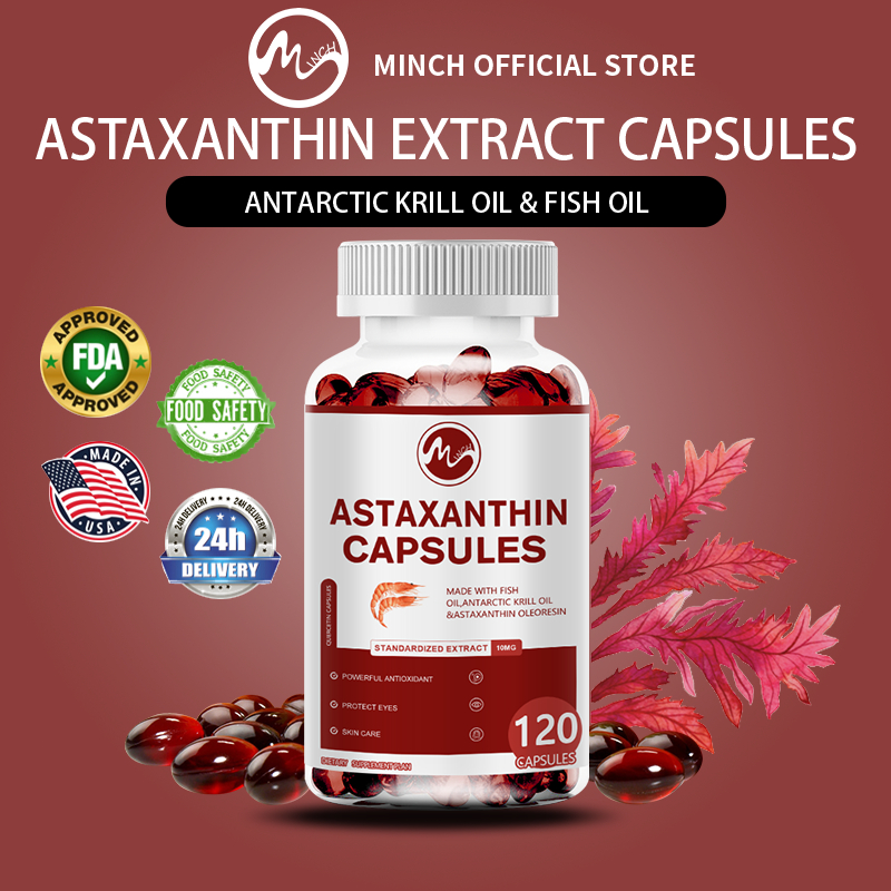 Minch Astaxanthin แคปซูลน้ํามันปลาปกป้องดวงตา , Skin Care, Cardiovivas Wellnees Healthy Powerful Antioxidant Antarctic Krill Oil&Astaxanthin Oleoresin EPA, DHA