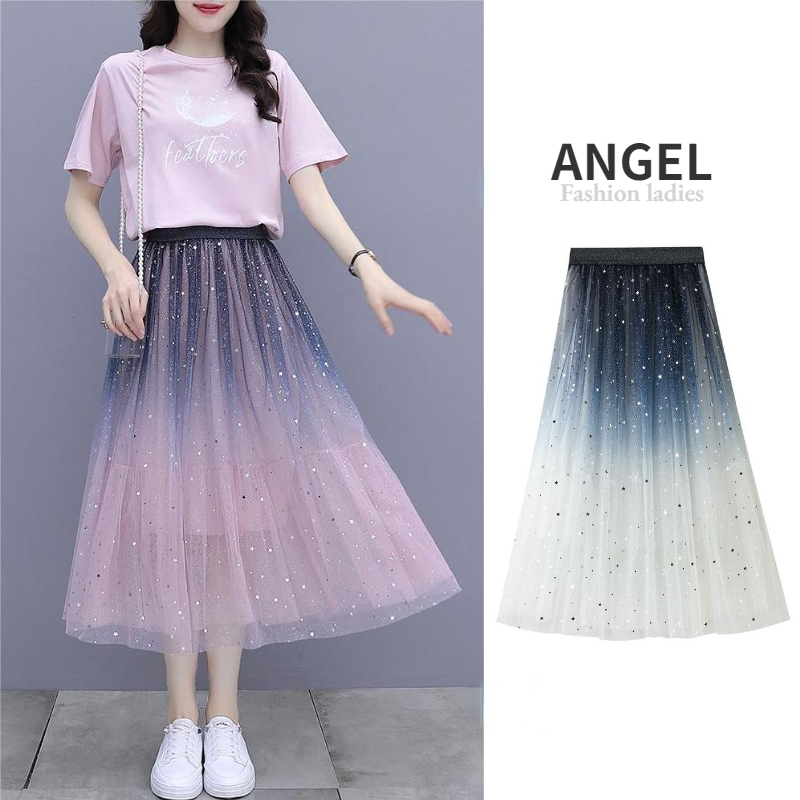 [3 สี] ANGEL แฟชั่นผู้หญิงเงากระโปรง midi ตาข่ายไล่ระดับสีเกาหลีเอวสูงเอ - ไล่ระดับสีบางแกว่งขนาดใหญ่กระโปรงตูตูกระโปรงเค้กยาวสําหรับผู้หญิง