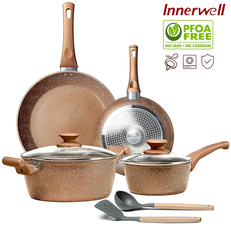 Innerwell หินแกรนิต ไม่ติด ชุดกระทะ ชุดเครื่องครัว Non Stick กระทะหม้อ เหมาะสําหรับทุกเตา - โกลเด้น (8PCS)