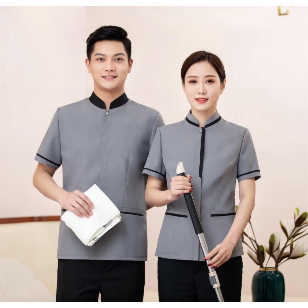 ผู้ชายผู้หญิงทําความสะอาดเครื่องแบบอุปกรณ์โรงแรมทําความสะอาดคนงานท็อปส์ทําความสะอาดบริการเสื้อผ้าทํางาน