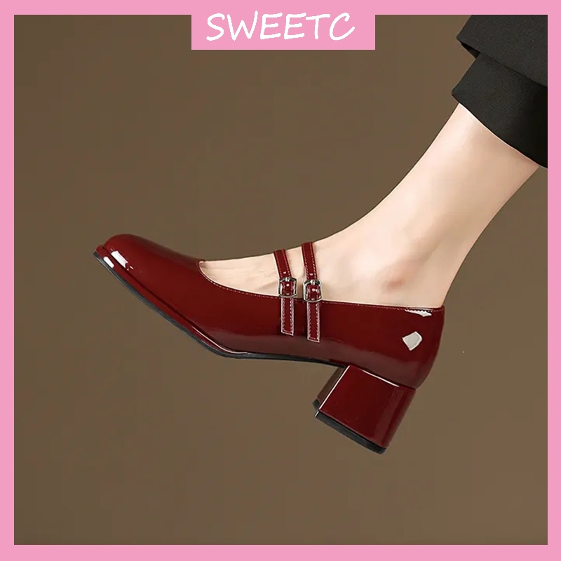 รองเท้าผู้หญิงแฟชั่น Square toe ปากตื้นสิทธิบัตรหนังหัวเข็มขัดรองเท้าส้นสูงหนาปิดโรงเรียนรองเท้า