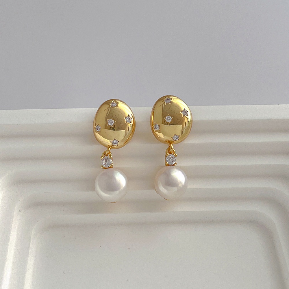 ต่างหูมุกน้ําจืดห้าชี้ดาวเพทายโลหะต่างหูสไตล์บาร็อคต่างหู