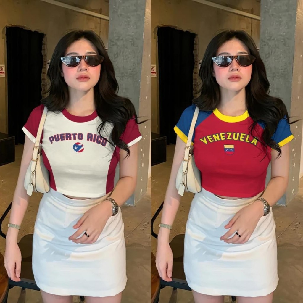 EURO 2567 เสื้อครอปสตรีฤดูร้อนใหม่อเมริกันย้อนยุคเสื้อครอปแขนสั้นคอกลมสตรีสตรีทสวมเสื้อยืดเซ็กซี่ บอดี้คอน เสื้อส