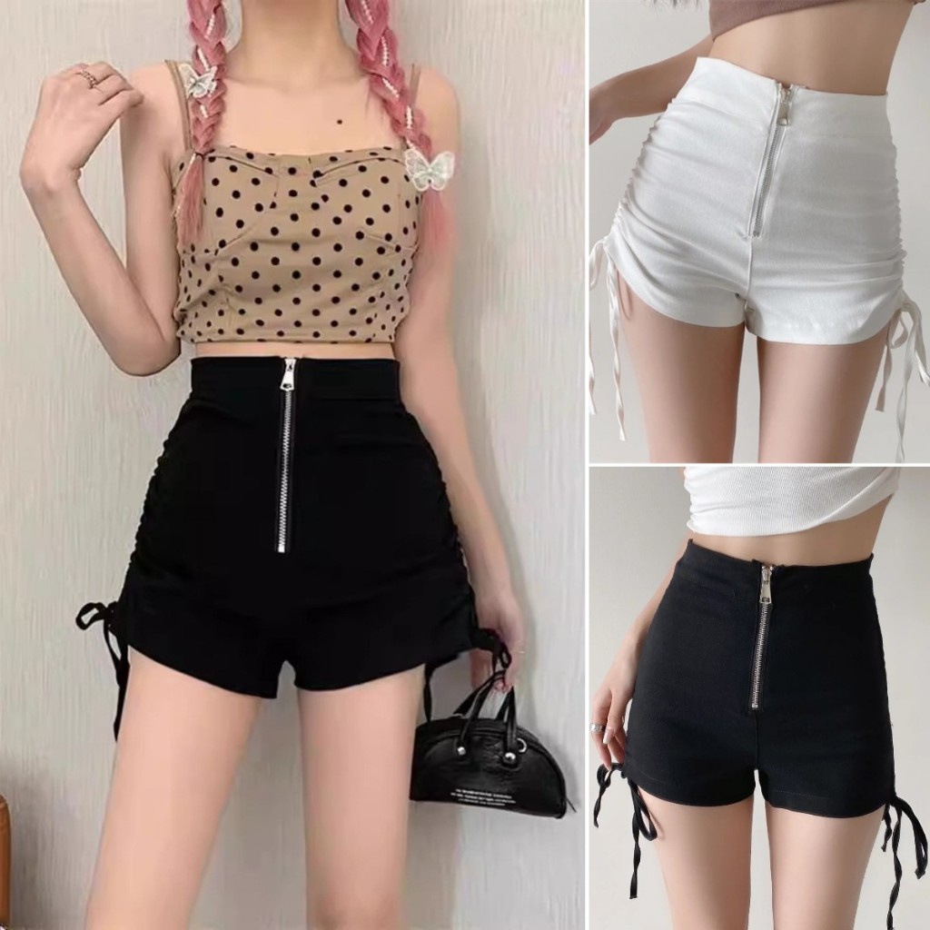 【ส่งไวจากไทย】MSD กางเกงขาสั้น ขากว้าง เอวสูง มีซิป กางเกงทรงเอ สีดำ กางเกงขาสั้นผู้หญิง