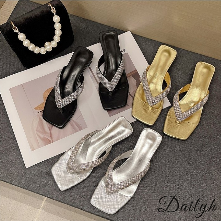 รองเท้าแตะ ส้นเข็ม ประดับพลอยเทียม แฟชั่นฤดูร้อน สําหรับผู้หญิง 2024