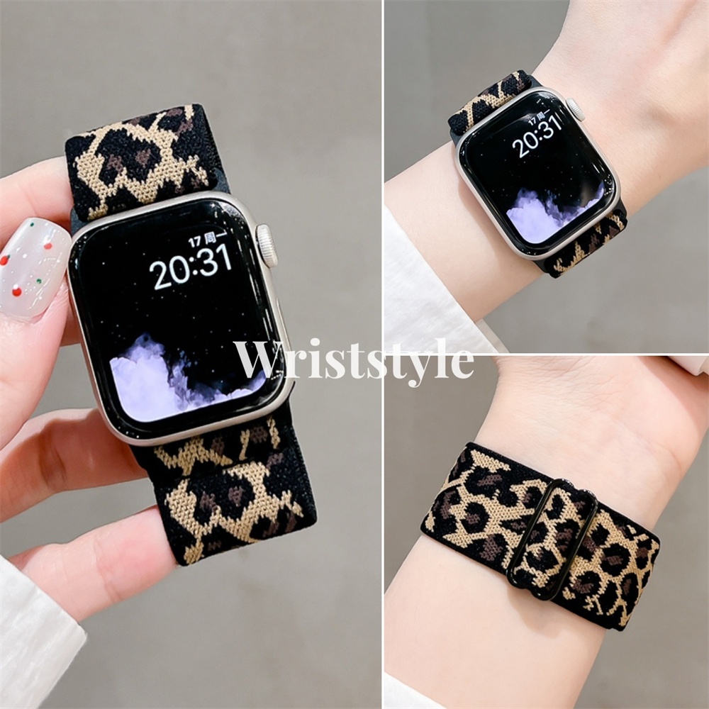 เสือดาวพิมพ์ไนลอนสายนาฬิกาสําหรับ Apple Watch S10/9/8/7/6/5/4/3 SE2 ULTRA Breathable ผ้าไนลอนเปลี่ยนสร้อยข้อมือสําหรับ iWatch 49 มม. 46 45 44 42 41 40 38 ปรับได้สําหรับผู้หญิง