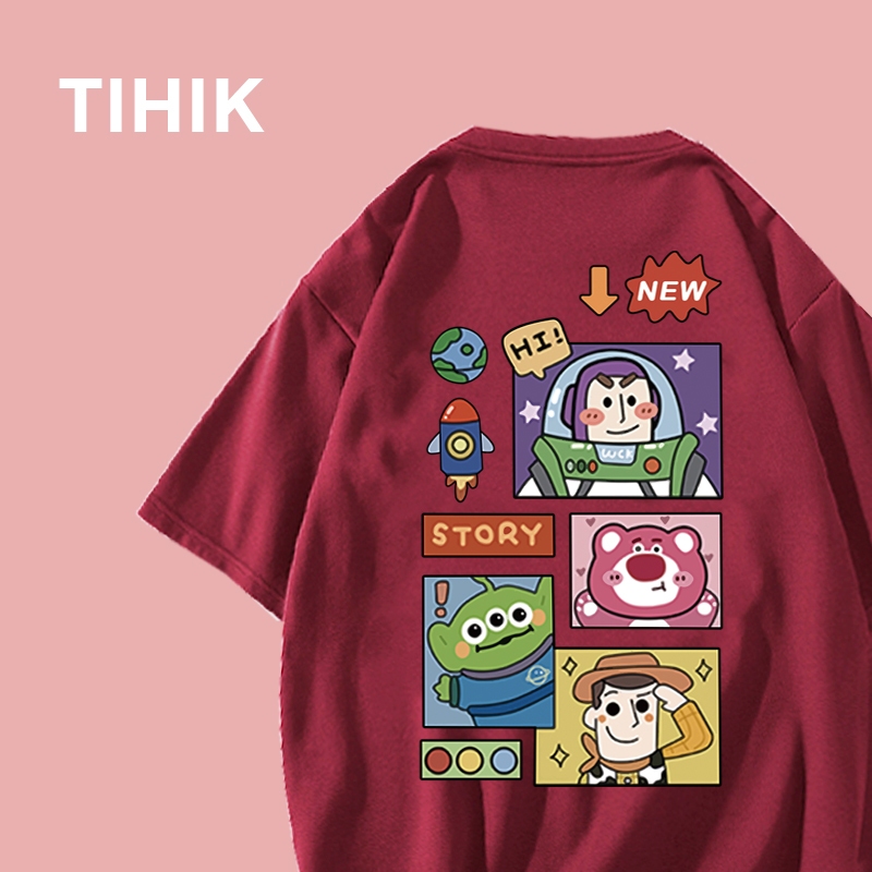 TIHIK เสื้อยืด ลายการ์ตูน เสื้อยืด oversize สีแดง ผ้าคอตตอน เนื้อผ้านิ่มม Y0080