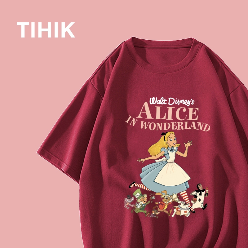 TIHIK เสื้อยืดผู้หญิง สีแดง คอกลม oversize ผ้าคอตตอน พิมพ์ลาย ลายการ์ตูน Y0019