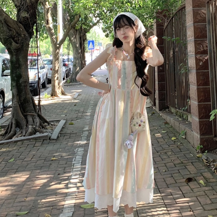 เวอร์ชั่นเกาหลีแฟชั่นลําลองสายรุ้งลายสลิงกระโปรงยาวผู้หญิงสลิมฟิตแคบเอวโบว์ลูกไม้เย็บออกแบบแขนกุดชีฟอง