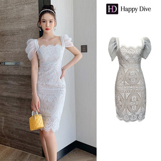 Happy Diva Local shipping Elegant White Lace Dress - Korean Style Puff Sleeves Wedding & Party Gown Super pretty lace dress 5026