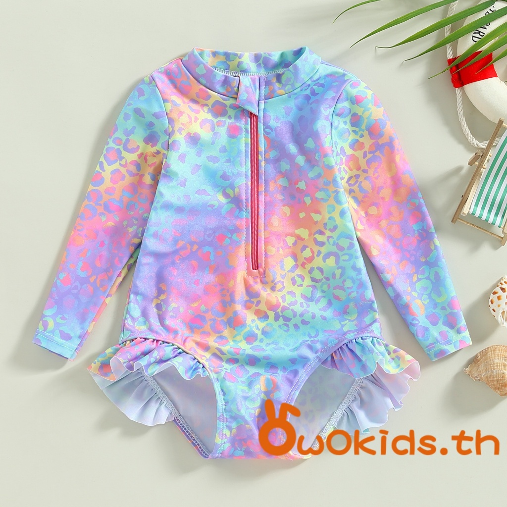 【ส่งจากไทย】​Kids ชุดว่ายน้ําเด็กผู้หญิง Fish Scale พิมพ์ Ruffles แขนยาว Jumpsuit ชุดว่ายน้ํา Beachwear ชุดว่ายน้ํา