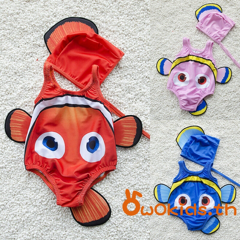 [ส่งบางส่วนจากประเทศไทย] ​Kids Boys Girls ชุดว่ายน้ํา Casual Goldfish Swimming Romper พร้อมหมวกว่ายน้ําสําหรับ 1-6 ปี