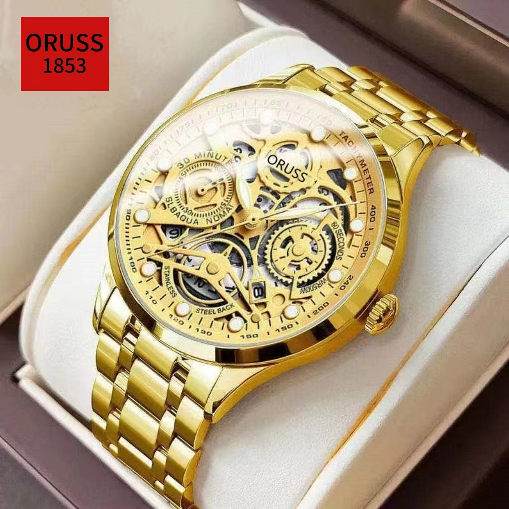 ORUSS Original สแตนเลส Hollow Luxury ปฏิทิน Luminous Gold แฟชั่นนาฬิกากันน้ําผู้ชาย Swiss ธุรกิจนาฬิกาข้อมือควอตซ์