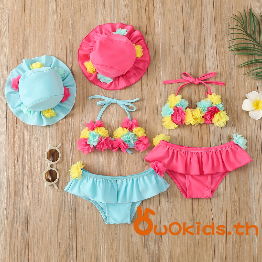 【ส่งจากไทย】​Infant Girls ชุดว่ายน้ําสามชิ้นดอกไม้ Halter Neck เสื้อว่ายน้ําด้านล่างและหมวกป้องกันแสงแดด