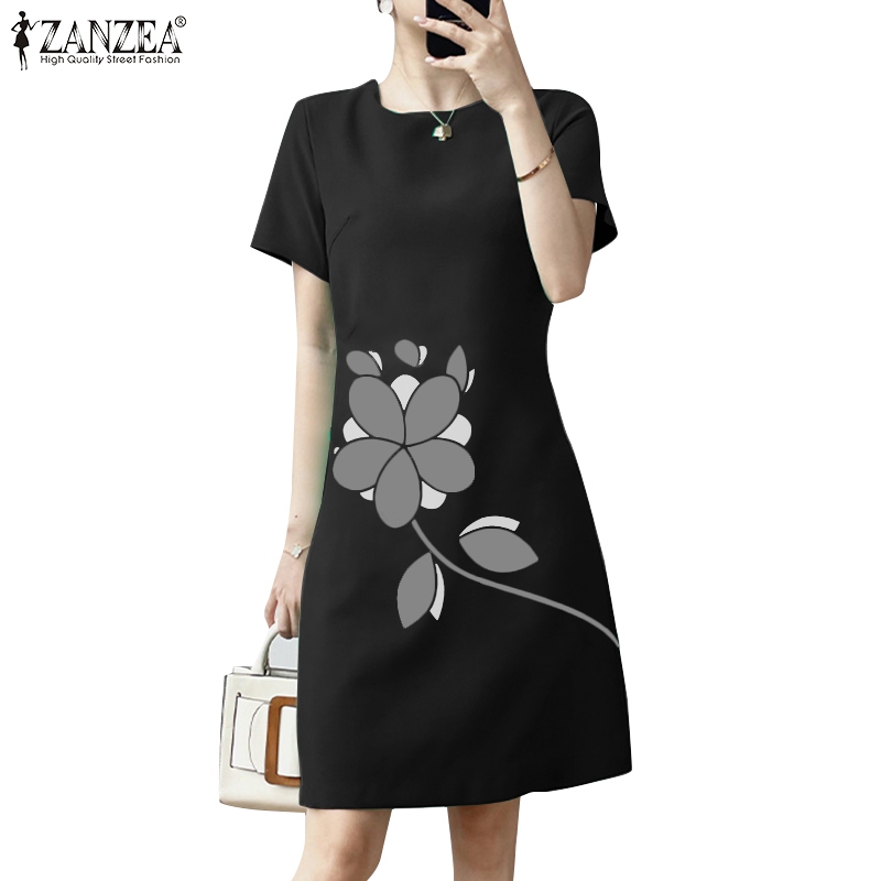 ZANZEA ซานเซีย ชุดเดรสคาดเอวดอกไม้คอกลมแขนสั้นเกาหลีสําหรับผู้หญิง