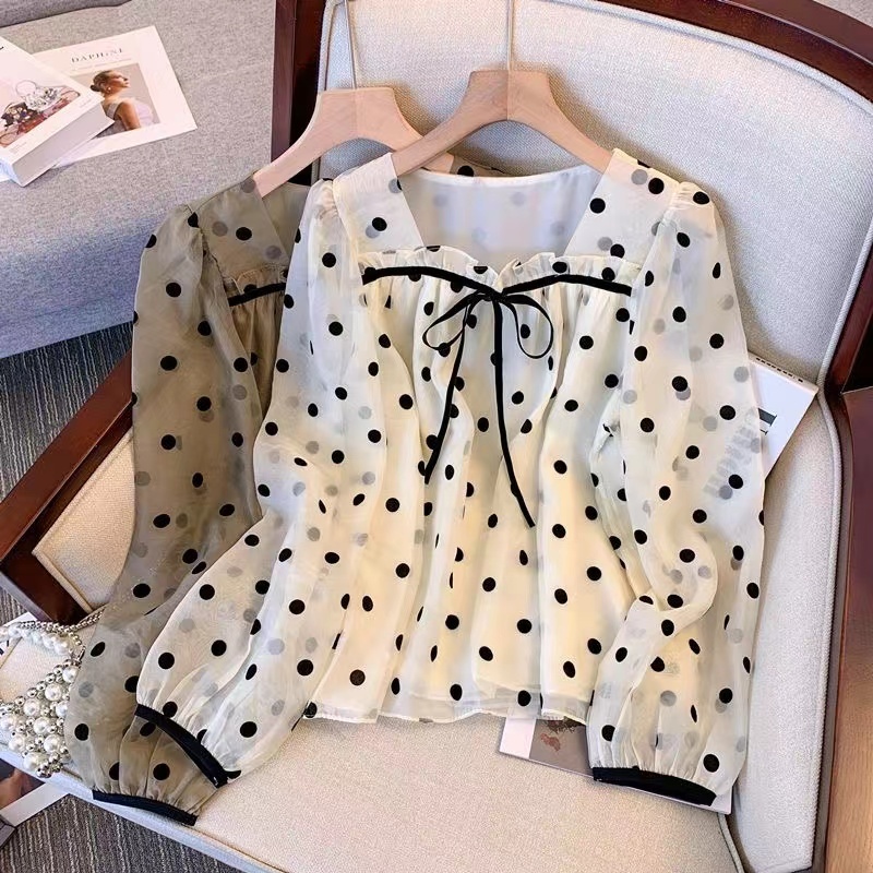 สไตล์เกาหลีผู้หญิงสุภาพสตรีหลวมชีฟอง Polka Dot สแควร์คอเสื้อแขนยาวเสื้อ Baju Wanita Lengan Panjang