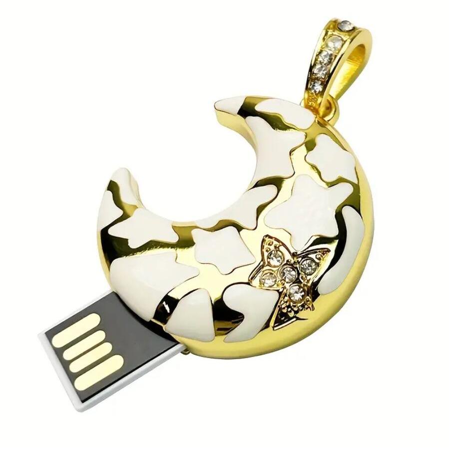 Shimmering Moon USB แฟลชไดรฟ์สร้อยคอพราวเพชรเทียมการออกแบบการจัดเก็บข้อมูลความเร็วสูง USB2.0 32GB/64