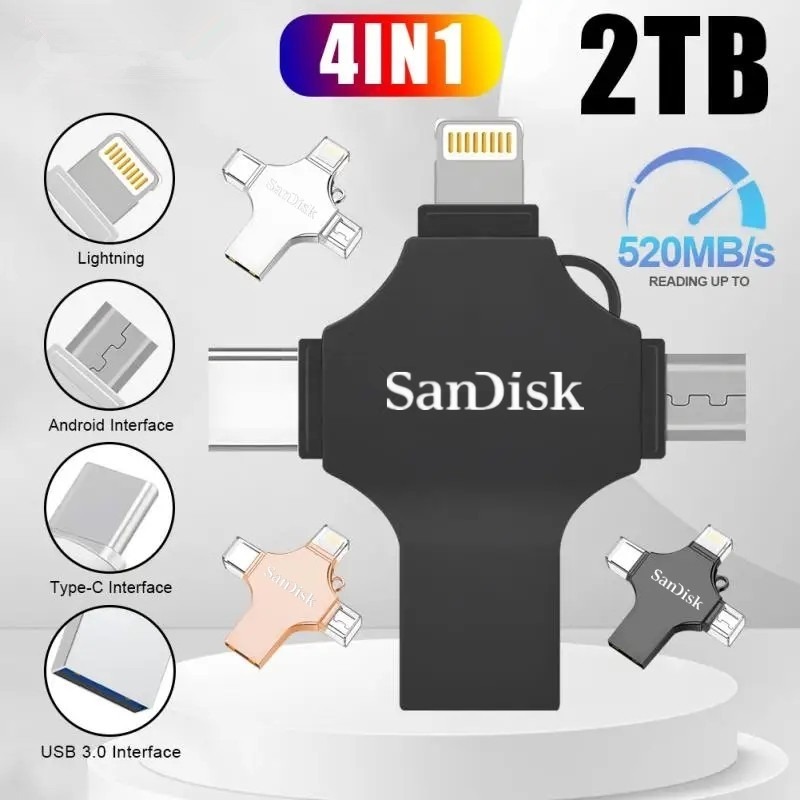 2tb 4-in-1 1TB Pendrive USB 3.0 Memory Stick OTG แฟลชไดรฟ์ Fast Speed Type-C สําหรับ i/O/S/แท็บเล็ต/Android/Smartphone/PC
