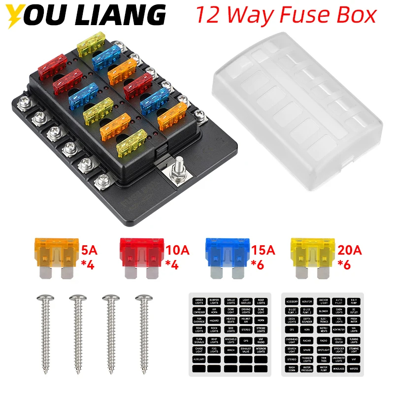 12 Way ฟิวส์บล็อก Marine ฟิวส์แผง LED ตัวบ่งชี้ Damp-Proof ฝาครอบรถ Marine RV รถบรรทุก 20 ชิ้น