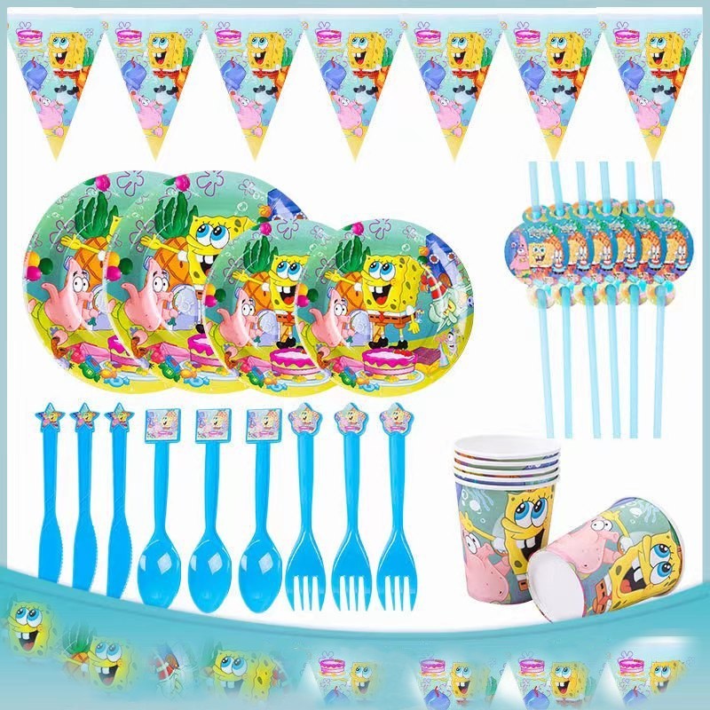 ชุดตกแต่งงานเลี้ยงวันเกิดเด็ก SpongeBob กางเกงธีมวันเกิด Party Tablecover ของขวัญกระเป๋าแผ่น Cupcake Topper Happy Birthday Party ผ้าเช็ดปากตกแต่งแขวนแบนเนอร์