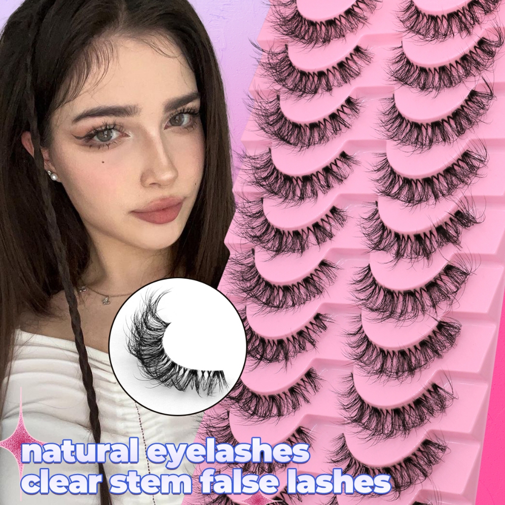 Groinneya 10 คู่ขนตาปลอม Clear Stem ขนตาปลอม Faux Mink Lashes ธรรมชาติดู Fluffy Clusters Lashes แต่งหน้า
