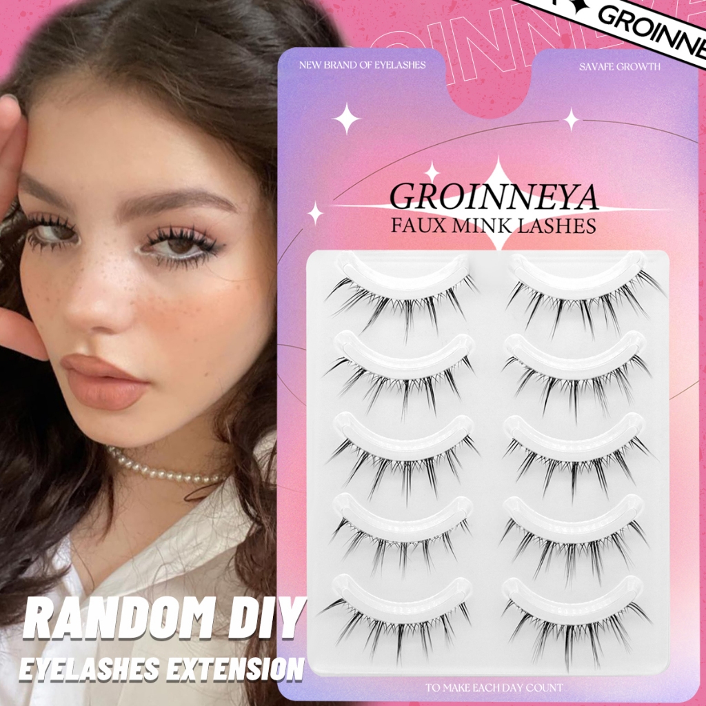 Groinneya 5 คู่ขนตาปลอมประเภทขนตาอัพเกรด Lash V-รูป 0.14 มม.โปร่งใส Stem Soft Natural Eye Lashes Mink