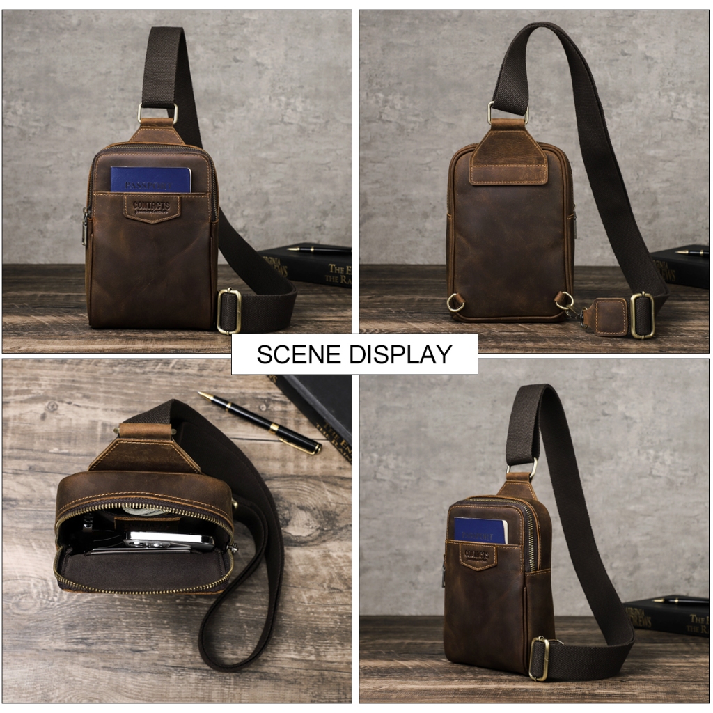 CONTACTS ของแท้หนังผู้ชายกระเป๋าคาดหน้าอกขนาดเล็ก Fanny Pack กระเป๋าเดินทางลำลองกระเป๋าสะพายไหล่ - รูปที่ 2