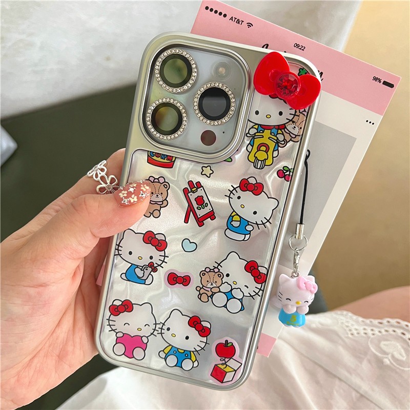Iphone 15 Pro max 14 Pro max ขอบเงินระลอกน้ําลาย Hello Kitty วัสดุ TPU เคสโทรศัพท์งานฝีมือ IMD