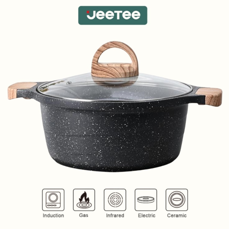 JEETEE หม้อซุบ หม้อ 2 หู หม้อเคลือบหินอ่อนไม่ติดหม้อ 20/24/28 ซม.  พร้อมฝาแก้ว เหมาะกับเตาทุกประเภท